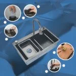 Paquete Fregadero de Empotrar Acero Inoxidable Satinado 80 x 45 x 23 cm con Monomando con función Cascada, Dispensador de Jabón, Limpia Vasos, Depósito, Tabla y Escurridor Meer TS7545-1S - Imagen 2