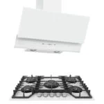 Paquete Campana de Pared Doble Cristal Templado Blanco 76cm + Parrilla Cristal Templado Blanco de 5 Quemadores Empotrable 76cm NUUR