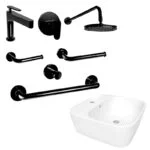 Paquete Obsidiana Santorini Monomandos + Regadera + Accesorios y Lavabo Helvex OB-SANTORINI1