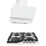 Paquete Campana de Pared Doble Cristal Templado Blanco 60cm + Parrilla Cristal Templado Blanco de 4 Quemadores Empotrable 59cm NUUR