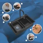 Paquete Fregadero de Empotrar Acero Inoxidable Negro Mate 80 x 45 x 23 cm con Monomando con función Cascada, Dispensador de Jabón, Limpia Vasos, Depósito, Tabla y Escurridor Meer TS7545-2N - Imagen 2