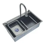 Paquete Fregadero de Empotrar Acero Inoxidable Satinado 80 x 45 x 23 cm con Monomando con función Cascada, Dispensador de Jabón, Limpia Vasos, Depósito, Tabla y Escurridor Meer TS7545-1S