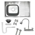 Paquete Fregadero de Empotrar Derecho 80 x 50 cm + Mezcladora Cisne con Válvulas Incluye Contracanasta, Desagüe y Mangueras Ekon 62332