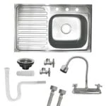 Paquete Fregadero de Empotrar Izquierdo 80 x 50 cm + Mezcladora Cisne con Válvulas Incluye Contracanasta, Desagüe y Mangueras Ekon 62331
