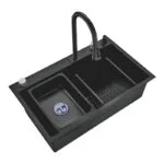Paquete Fregadero de Empotrar Acero Inoxidable Negro Mate 80 x 45 x 23 cm con Monomando con función Cascada, Dispensador de Jabón, Limpia Vasos, Depósito, Tabla y Escurridor Meer TS7545-2N