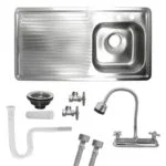 Paquete Fregadero de Empotrar Izquierdo 100 x 50 cm + Mezcladora Cisne con Válvulas Incluye Contracanasta, Desagüe y Mangueras Ekon 62307
