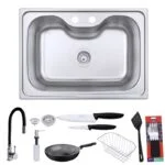 Paquete T-Kitchen Incluye Tarja Morgana 68x48x20, Monomando, Cesta, Sarten de 24 cm, Set de cuchillos y 16 Accesorios mas. Tramontina 32200/467