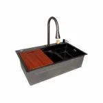 Fregadero de Empotrar Acero Inoxidable Negro Mate 75 x 46 x 23 cm con Monomando con función Cascada, Dispensador de Jabón, Charola Tabla y Escurridor Axcent Charlotte - Imagen 3
