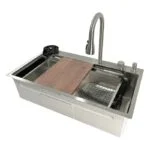 Paquete Fregadero de Empotrar Acero Inoxidable Cromo 80 x 45 x 23 cm con Monomando con función Cascada, Dispensador de Jabón, Limpia Vasos, Depósito, Tabla y Escurridor Meer TS7545-3S