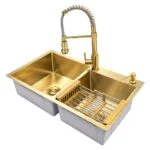 Paquete Fregadero de Empotrar Acero Inoxidable Dorado 84 x 48 x 20 cm con Monomando, Dispensador de Jabón y Escurridor de Platos Meer TS8448-3D